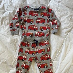 Mini Boden Grey fire truck sweatshirt and pants set, 18-24 months